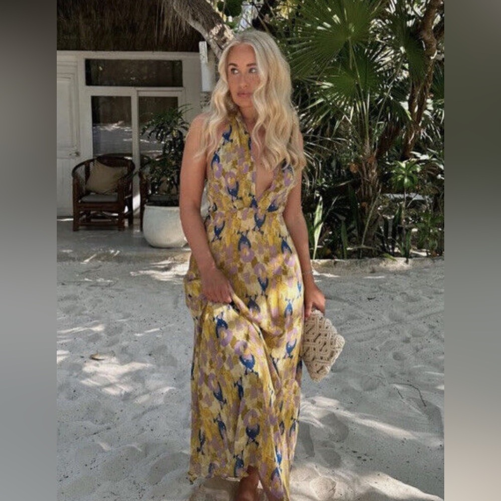ZARA Yellow Floral Halter Maxi Dress M | Backless Summer Vacation Resort Dress - Picture 3 of 8